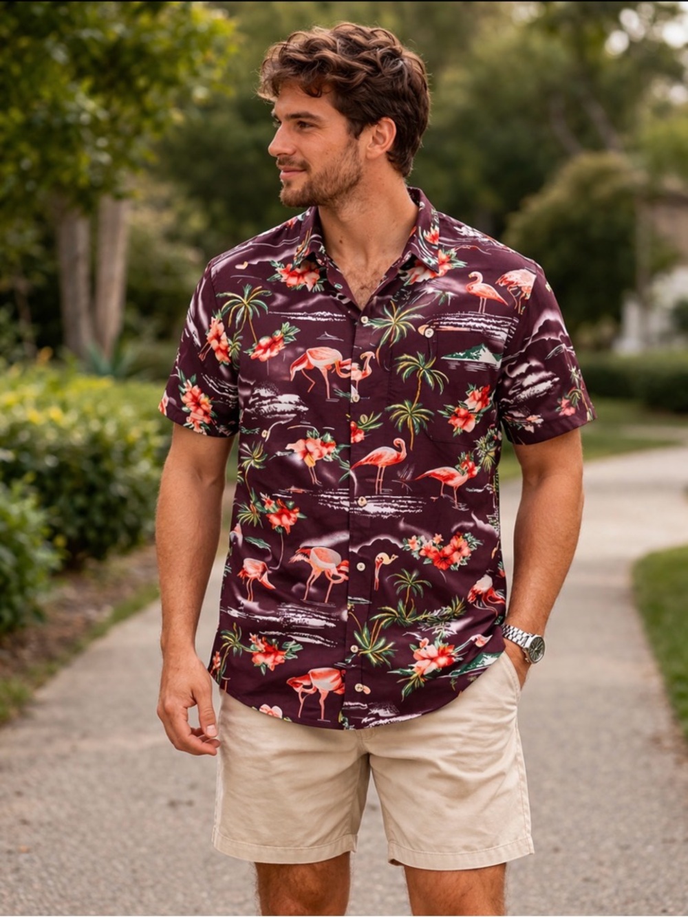 Men’s SSLR tropical button-up Hawaiian shirt in a maroon/burgundy
